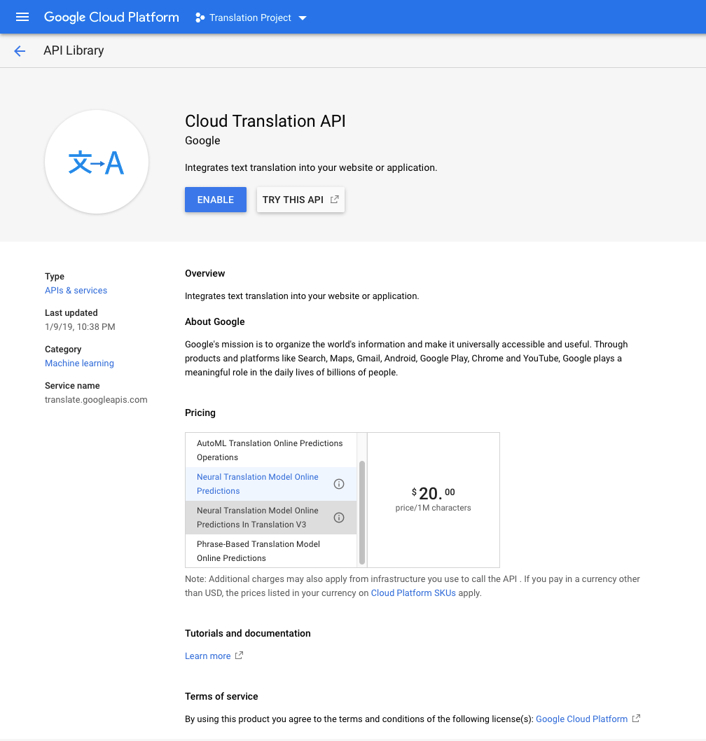 google translation api